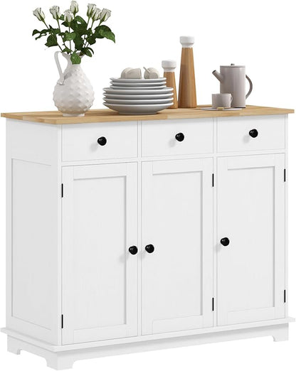 HOMCOM Sideboard with Solid Wood Countertop, Modern Kitchen Storage Cabinet, Coffee Bar Cabinet with 3 Drawers, Doors and Adjustable Shelf, Distressed White