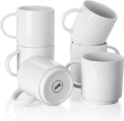 Sweese 10 Oz Stackable White Coffee Mug, Porcelain Coffee Mugs Sets of 6, Coffee Cups with Handle for Specialty Coffee Drinks, Cappuccino, Cafe Mocha, Latte and Tea, White