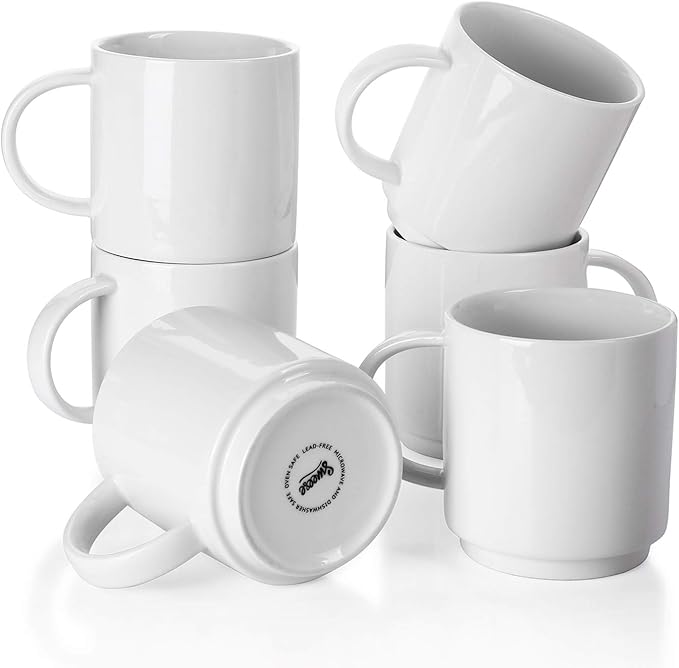 Sweese 10 Oz Stackable White Coffee Mug, Porcelain Coffee Mugs Sets of 6, Coffee Cups with Handle for Specialty Coffee Drinks, Cappuccino, Cafe Mocha, Latte and Tea, White