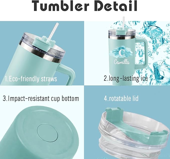 ThermoThrill Ships Next Day, Personalized 40 Oz Tumbler with Handle and Straw Custom Tumbler with Text Stainless Steel Mug Birthday Gifts for Women
