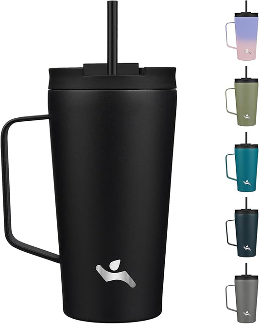 Insulated Tumbler with Handle and Straw, 18 OZ Travel Coffee Mug Stainless Steel Cup Metal Water Bottle,Black