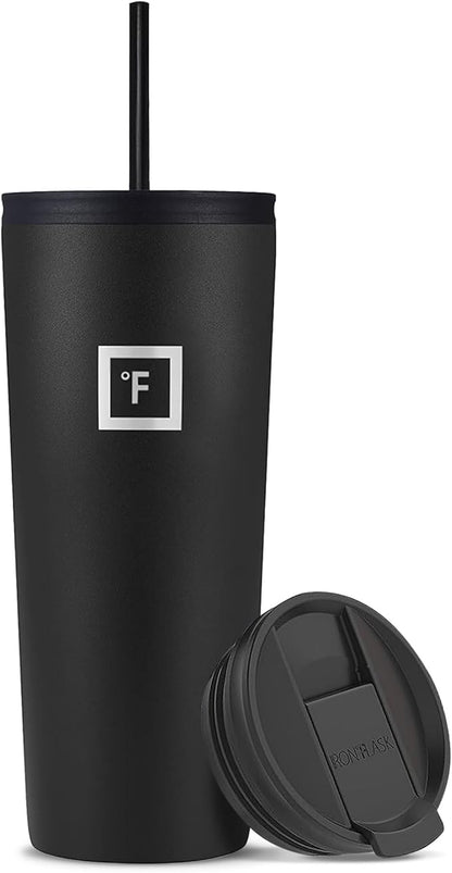 IRON °FLASK Classic Tumbler - Vacuum Insulated Stainless Steel Water Bottle, Double Walled, Drinking Cup, Insulated Travel Mug (Midnight Black, 24 oz Solid Lid)