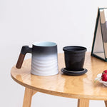 Load image into Gallery viewer, ZENS Tea Cup with Infuser and Lid, Wood Handle Loose Steeper Mug, 12 Ounces Matte Gradient Embossed Ceramic Stainer Mug for Tea Gifts, Black &amp; White