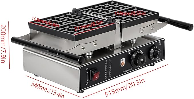 Commercial Square Waffle Maker, 2 slice Waffle Iron, Non-Stick Industrial Belgian Waffle Maker Stainless Steel 110V Temp and Time Control, Suitable for Restaurant Bakeries Snack Bar Family