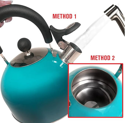 Emeril Lagasse 2.6 Quart/2.5 Liter Whistling Tea Kettle, Stainless Steel Tea Pot for Induction Stove Top, Fast to Boil Water for Home Kitchen Condo, with Ergonomic Cool Folding Grip Handle, Teal