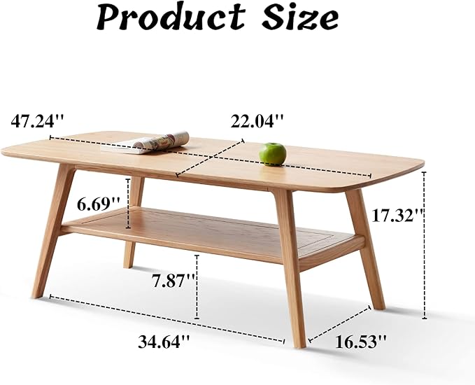 Wood Coffee Table - 100% Solid Oak Wood - Double Storage Coffee Table, Eco-Friendly Finish Center Table - Easy Assembly (Natural, 47.24" D x 22.04" W x 17.32" H)