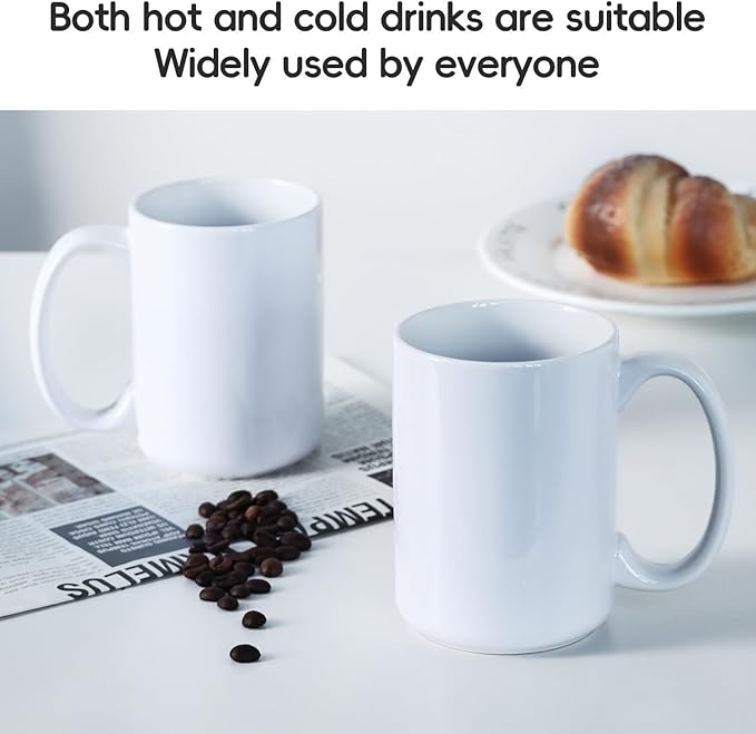 Smilatte 16 OZ Porcelain Coffee Mugs, Classic Blank Ceramic Cup with Large Handle for Tea Latte Cappuccino, Set of 4, White