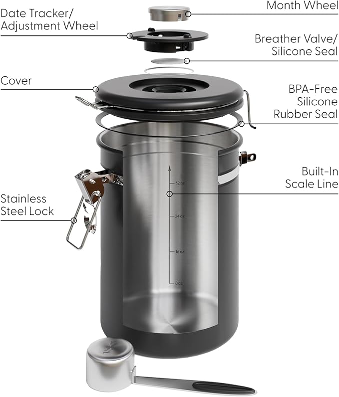 Veken Large Coffee Canister with Window, Rice Kitchen Food Storage Airtight Stainless Steel Container with Lids, Date Tracker and Scoop, Grounds, Beans, Tea, Flour, Cereal, Sugar Jars, 38oz, Black