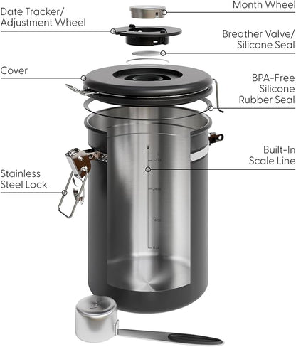 Veken Large Coffee Canister with Window, Rice Kitchen Food Storage Airtight Stainless Steel Container with Lids, Date Tracker and Scoop, Grounds, Beans, Tea, Flour, Cereal, Sugar Jars, 38oz, Black