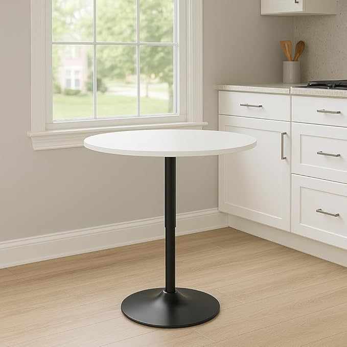 Magshion 23.5'' Round Adjustable Height Wood Bar Pub Table Adjustable Range 27.5"-36" Living Room Dining Room Bar Cocktail Table (White Black)