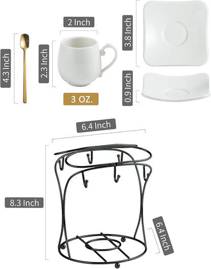 LYEOBOH Espresso Cups with Saucers Set, Porcelain Coffee Cups and Metal Stand and Spoons, Small Demitasse Cups for Espresso, Latte, Cafe Mocha, Cappuccino, and Tea, 3 OZ, Set of 6, White