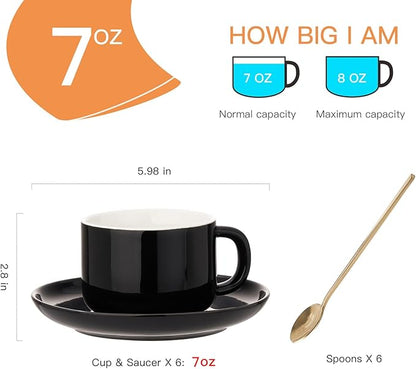 7 oz Coffee Cups with Saucers Spoons - Set of 6 Cappuccino Cups, Black Porcelain Cups Serving for Tea Espresso Latte Mocha