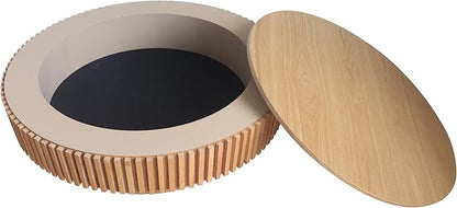39 Inch Round Drum Coffee Table with Storage, Modern Handcraft Fluted Drum Coffee Table, Wooden Round Cocktail Tea Table Center Table with Sturdy Pedestal for Living Room Apartment (Natural)