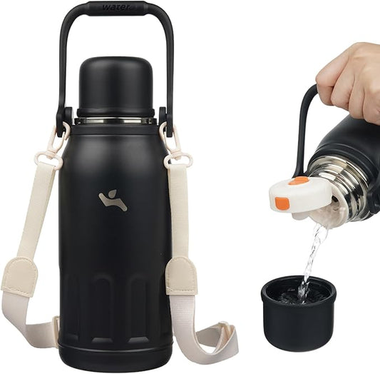 Insulated Water Bottle with Handle and Strap,Vacuum Travel Tumbler with Cup Lid,Thermo Coffee Cup for Hot Cold Drinks 40 OZ,Black