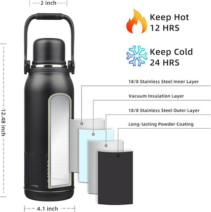 BJPKPK Insulated Water Bottle 50oz Vacuum Insulated Stainless Steel Water Bottles with Handle and Lid Travel Metal Thermal Flask for Outdoor Sports,Black