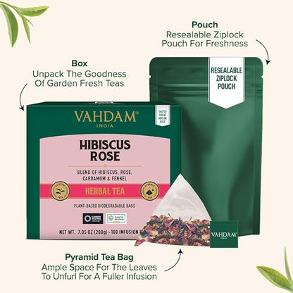 VAHDAM, Hibiscus Rose Tea Bags - 100% Whole Hibiscus Flowers Herbal Tea Bags (100 Count) With Rose, Chamomile & Exotic Spices | Caffeine Free, Floral Flavor Tisane | Resealable Ziplock Pouch