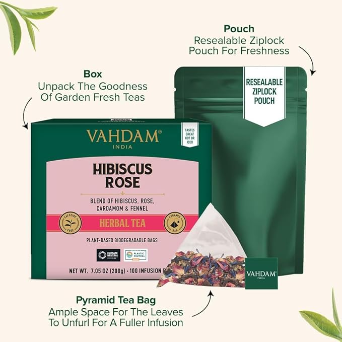 VAHDAM, Hibiscus Rose Tea Bags - 100% Whole Hibiscus Flowers Herbal Tea Bags (100 Count) With Rose, Chamomile & Exotic Spices | Caffeine Free, Floral Flavor Tisane | Resealable Ziplock Pouch