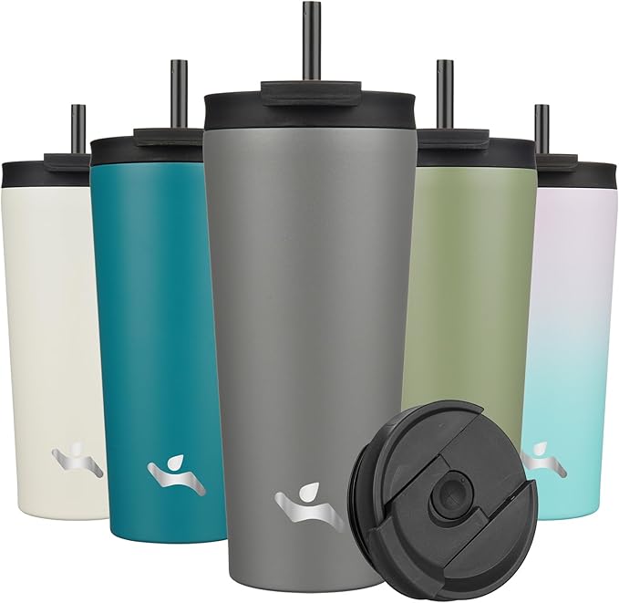 22 OZ Insulated Tumbler with Lid and 2 Straws Stainless Steel Water Bottle Vacuum Travel Mug Coffee Cup,Gray