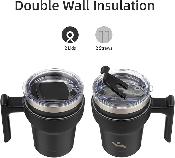 10 oz Tumbler with Handle and 2 Straw 2 Lid, Insulated Water Bottle Stainless Steel Vacuum Cup Reusable Travel Mug,Black