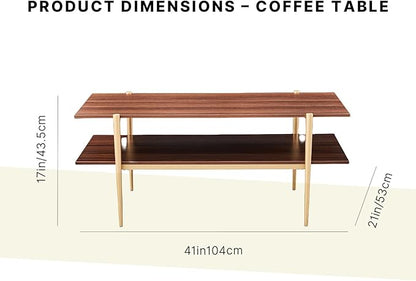 Shrine Rectangle Coffee Table, Mid-Century Modern Design, Two-Tier Walnut MDF Table, 41" D x 21" W x 17" H, Sleek Conical Metal Legs with Gold Finish