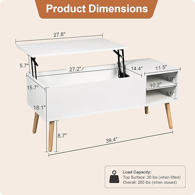ALINE FURNITURE White Coffee Table Lift Top - Coffee Table with Solid Wood Legs, Hidden Storage Compartment & Open Shelves - 40" Lift Up Coffee Tables for Living Room