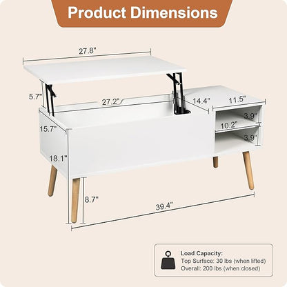 ALINE FURNITURE White Coffee Table Lift Top - Coffee Table with Solid Wood Legs, Hidden Storage Compartment & Open Shelves - 40" Lift Up Coffee Tables for Living Room
