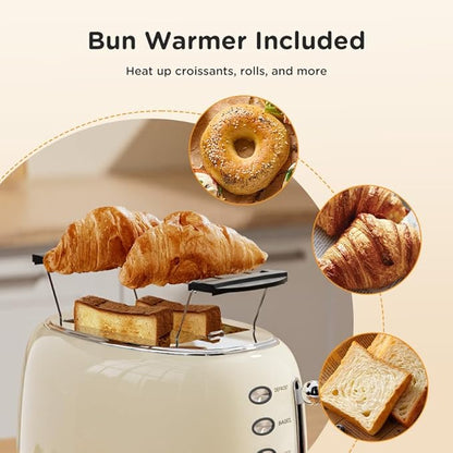 Toaster Retro 2 Slice, Vintage White Toaster with Lid, with Bread Attachment, Preheat, Defrost And Cancel Functions, 6 Browning Levels (Beige)