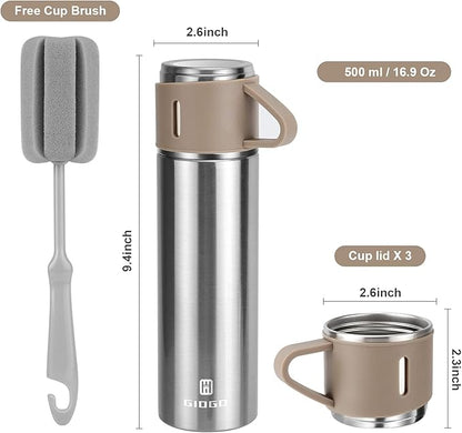 Stainless Steel Thermo 500ml/16.9oz Vacuum Insulated Bottle with Cup for Coffee Hot drink and Cold drink water flask.(Brown,Set)