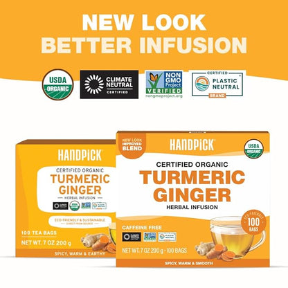 HANDPICK, Organic Turmeric Ginger Tea (100 Tea Bags) | Authentic Indian Origin | Caffeine Free, Gluten Free, Non-GMO | 100% Pure Herbal Blend - Savory & Spicy I Ecofriendly round tea bags