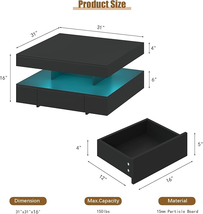 Black LED Coffee Table with 2 Storage Drawers for Living Room Square Center Middle Table Modern Cocktail Table with Light 2-Tier Tea Tables Contemporary Mid Century Wood Home Office Waiting Room