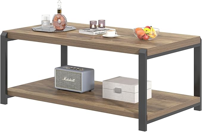 EXCEFUR Modern Coffee Table, Rustic Wood and Metal Center Table for Living Room, Industrial Rectangle Cocktail Tea Table with Storage, Oak