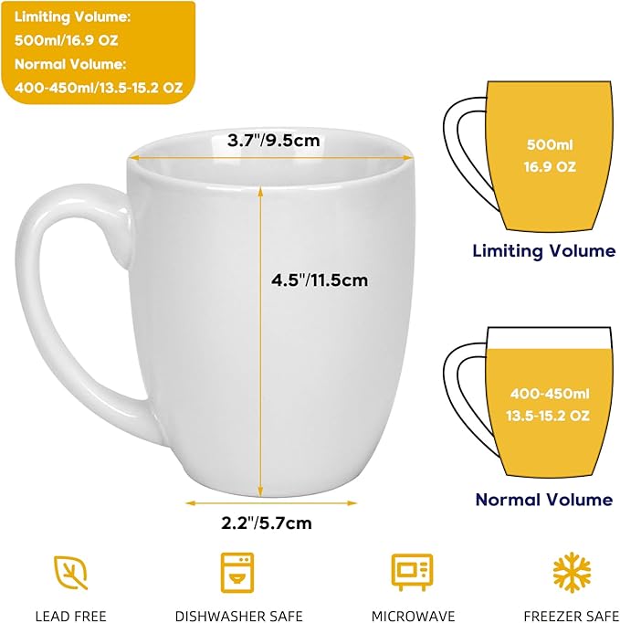 Schliersee 16 OZ White Porcelain Coffee Mugs Set of 6, Large Coffee Cups with Handle for Latte, Hot Tea, Coffee, Cappuccino, Cocoa, Milk, Water, espresso Porcelain Mug Cups, Microwave Safe