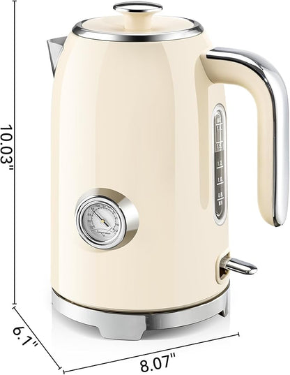 SUSTEAS Electric Kettle - 57oz Hot Tea Kettle Water Boiler with Thermometer, 1500W Fast Heating Stainless Steel Tea Pot, Cordless with LED Indicator, Auto Shut-Off & Boil Dry Protection, Beige