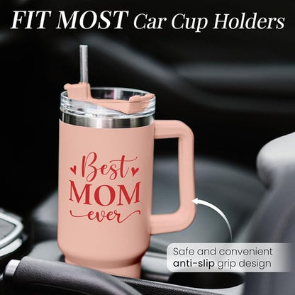 SANDJEST Mom Gifts Best Mom Ever Tumbler Stainless Steel 40oz with Handle Insulated Travel Cup - Mom Travel Coffee Mug, Mother's Day Christmas Birthday Gifts from Son Daughter