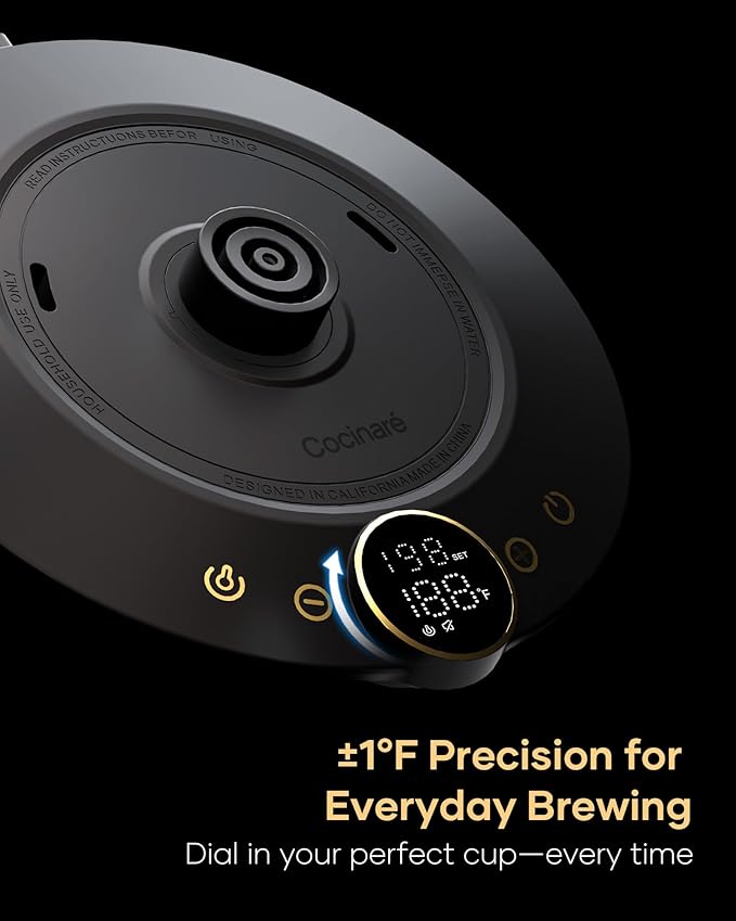 Cocinare FLOW B9 Gooseneck Electric Kettle, Precise Temperature Control for Pour-Over Coffee & Tea Brewing, Stainless Steel Interior, Rapid Heating for Boiling Water, 1500W/0.9L Matte Black