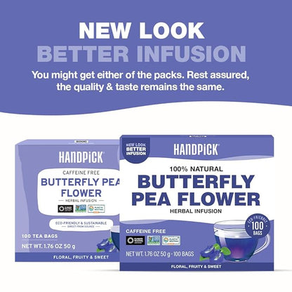 HANDPICK, Butterfly Pea Flower Tea (100 Herbal Tea Bags) | Caffeine Free, Non GMO | Premium Dried Butterfly Pea Flowers For Blue & Purple Drinks, Food Coloring | Iced Teas, Coolers, Cocktails