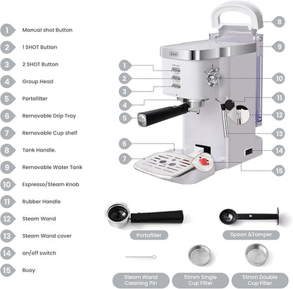 Gevi Espresso Machine 20 Bar High Pressure,Compact Espresso Maker with Milk Frother Steam Wand,Cappuccino,Latte Maker with Adjustable Shot Volume for Home,Gift for Mom and Dad