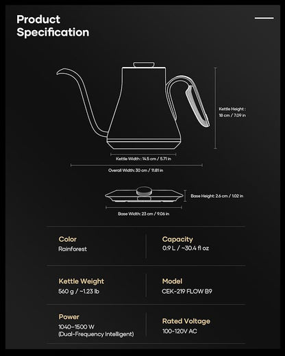 Cocinare FLOW B9 Gooseneck Electric Kettle, Precise Temperature Control for Pour-Over Coffee & Tea Brewing, Stainless Steel Interior, Rapid Heating for Boiling Water 0.9L (Rainforest)