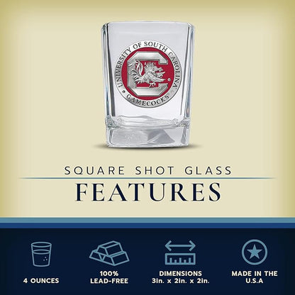Heritage Pewter University of South Carolina Square Shot Glass | Hand-Sculpted 1.5 Ounce Shot Glass | Intricately Crafted Metal Pewter Alma Mater Inlay