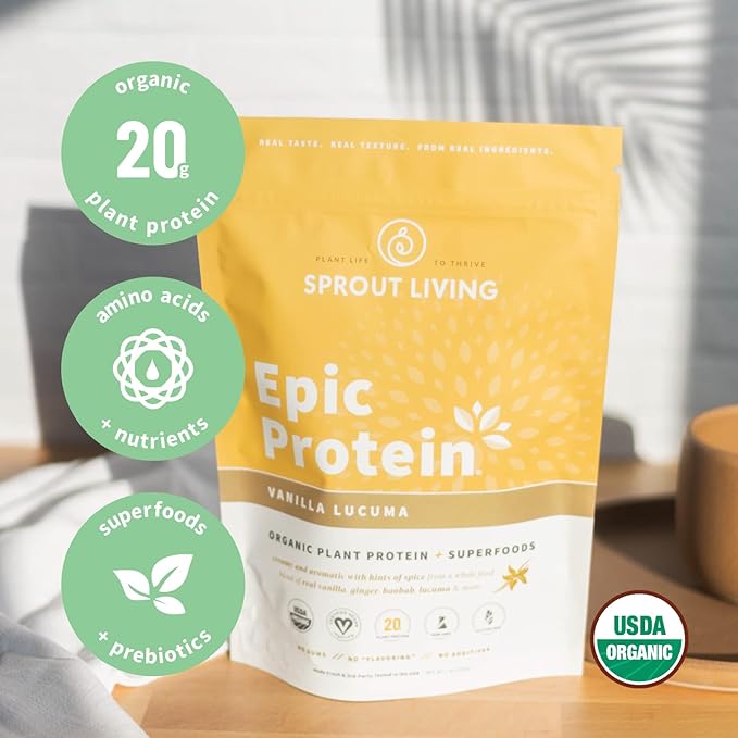 Sprout Living Epic Protein, Plant Based Protein & Superfoods Powder, Vanilla Lucuma Powder | 20 Grams Organic Protein Powder, Vegan, Non Dairy, Non-GMO, Gluten Free, Low Sugar (1 Pound, 12 Servings)