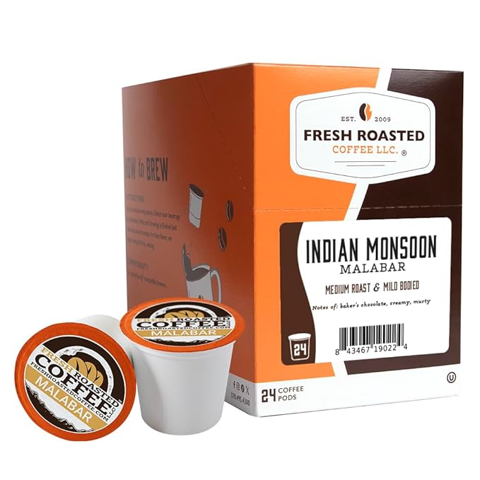 Fresh Roasted Coffee, Indian Monsoon Malabar, Light Roast, 24 Pods for K Cup Brewers