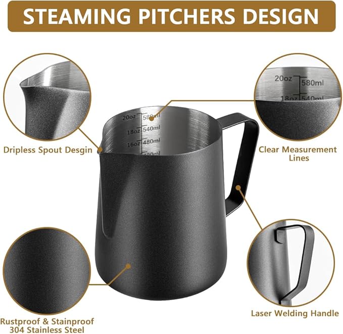 Frothing Milk Pitcher, 20 oz/600 ml Stainless Steel Frothing Milk Jug with Latte Art Pen,with Internal Measurements, for Cappuccino, Espresso and More