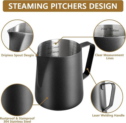 Frothing Milk Pitcher, 20 oz/600 ml Stainless Steel Frothing Milk Jug with Latte Art Pen,with Internal Measurements, for Cappuccino, Espresso and More