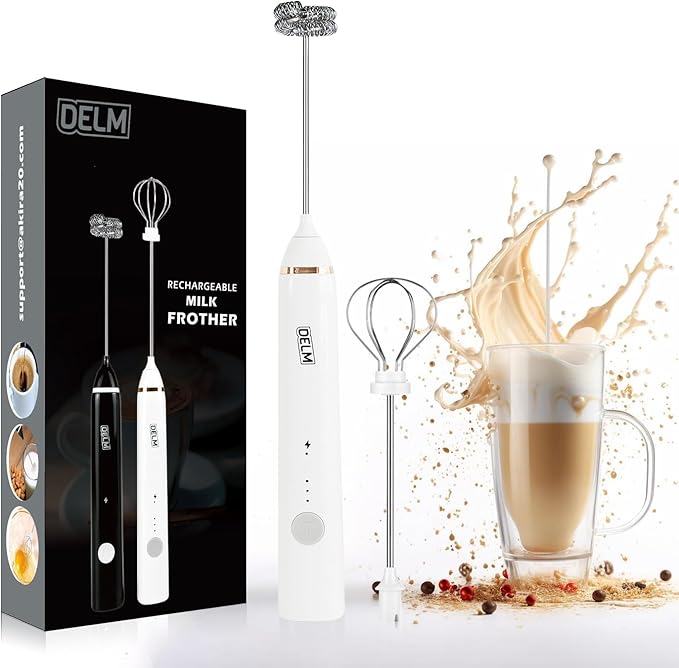 Delm Milk Frother Electric USB Stainless Steel Accessory - Frother Wand Foam Maker for Lattes - Milk Frother Handheld for Cappuccino, Frappe, Matcha, Hot Chocolate - Frother for Coffee (white)