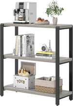 Load image into Gallery viewer, FOLUBAN 3 Tier Bookshelf, Industrial Wood and Metal Book Shelf and Bookcase, Short Book Case for Office Living Room Bedroom, Light Grey