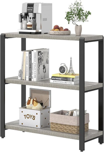 FOLUBAN 3 Tier Bookshelf, Industrial Wood and Metal Book Shelf and Bookcase, Short Book Case for Office Living Room Bedroom, Light Grey