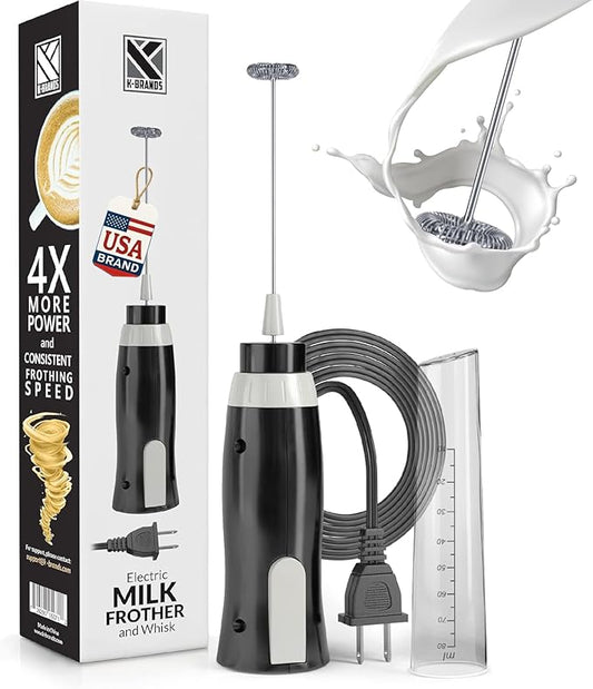 K-Brands Corded Electric Milk Frother with Plug in - Handheld Electric Whisk Stirrer Whipper - Foam Maker for Coffee, Latte, Cappuccino, Hot Chocolate – Powerful Drink Mixer
