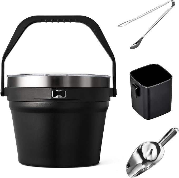 COKTIK 7L Vacuum Insulated Ice Bucket with Lid and Scoop& Tongs，Large capacity Stainless Steel Beverage Bucket for Cocktail, Champagne, Wine, Beer，Large Parties（Carbon Black Suit）