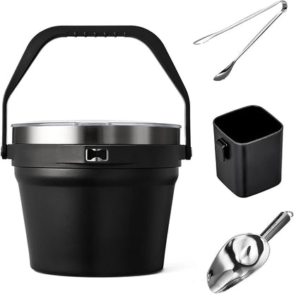 COKTIK 7L Vacuum Insulated Ice Bucket with Lid and Scoop& Tongs，Large capacity Stainless Steel Beverage Bucket for Cocktail, Champagne, Wine, Beer，Large Parties（Carbon Black Suit）