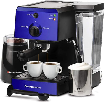 EspressoWorks All-In-One Espresso Machine 7-Piece Set - Latte Maker Includes Grinder, Frothing Pitcher, Cups, Spoon and Tamper - Coffee Gifts (Blue)